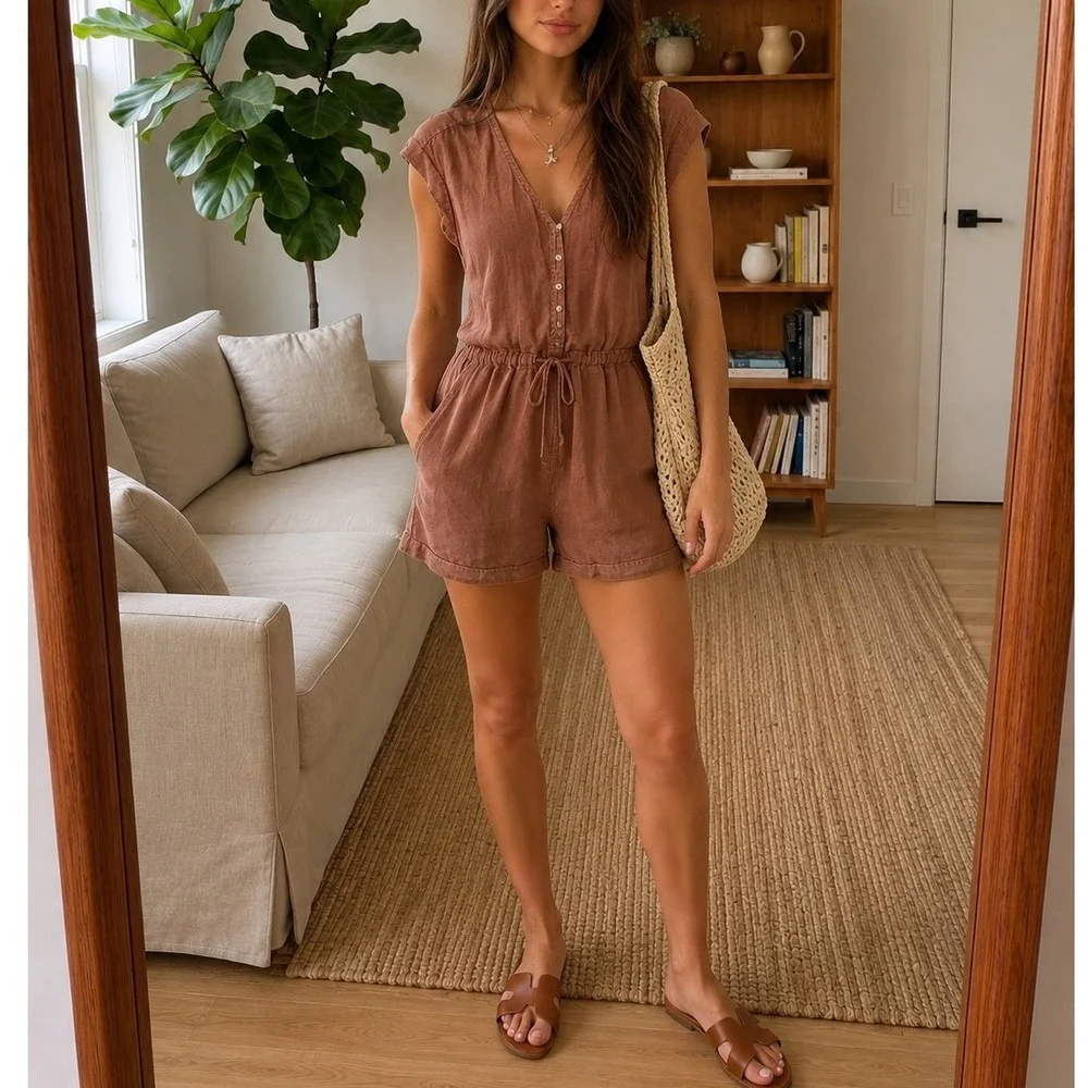 Bella Dahl Womens Linen Romper XS Brown Button Front Boho Earthy Minimal Coastal